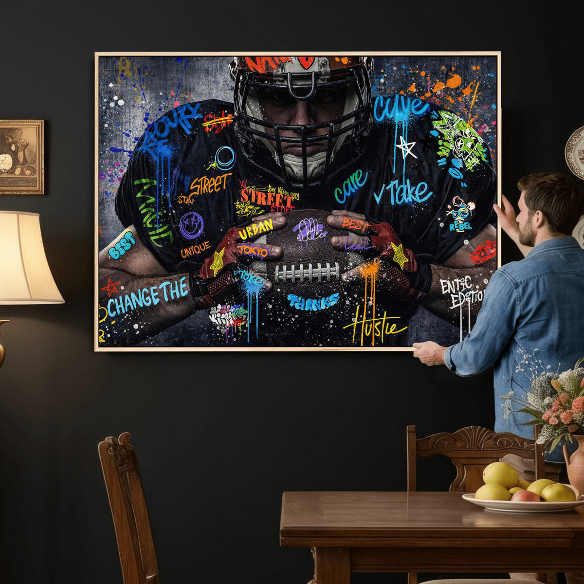 Graffiti American Football Player Street Art Wall Art Canvas