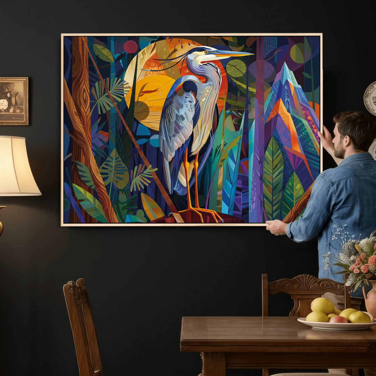 Colorful Heron Wall Art Canvas Print Tropical Bird Abstract