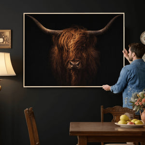 Highland Cow Wall Art Canvas Print – Moody Dark Rustic