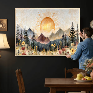 Boho Mountain Landscape Large Wall Art, Horizontal Gold