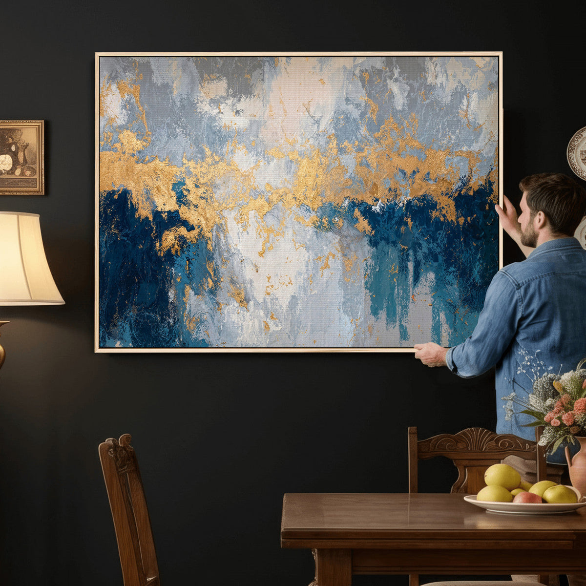 Blue Gold Abstract Large Framed Canvas Wall Art, Modern