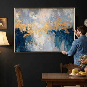 Blue Gold Abstract Large Framed Canvas Wall Art, Modern