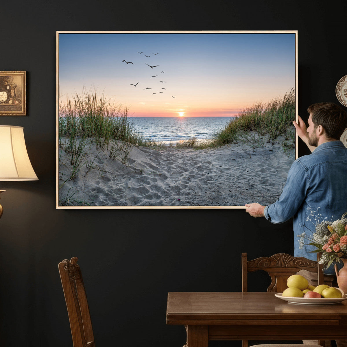 Sandy Dune Path Sunset Canvas Wall Art — Seagulls Beach