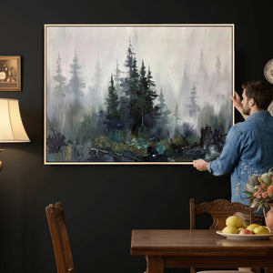 Misty Pine Forest Oil Painting Canvas — Dark Moody Teal Grey
