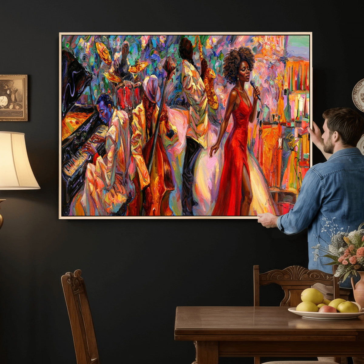 African American Jazz Singer Canvas Art — Red Dress Black