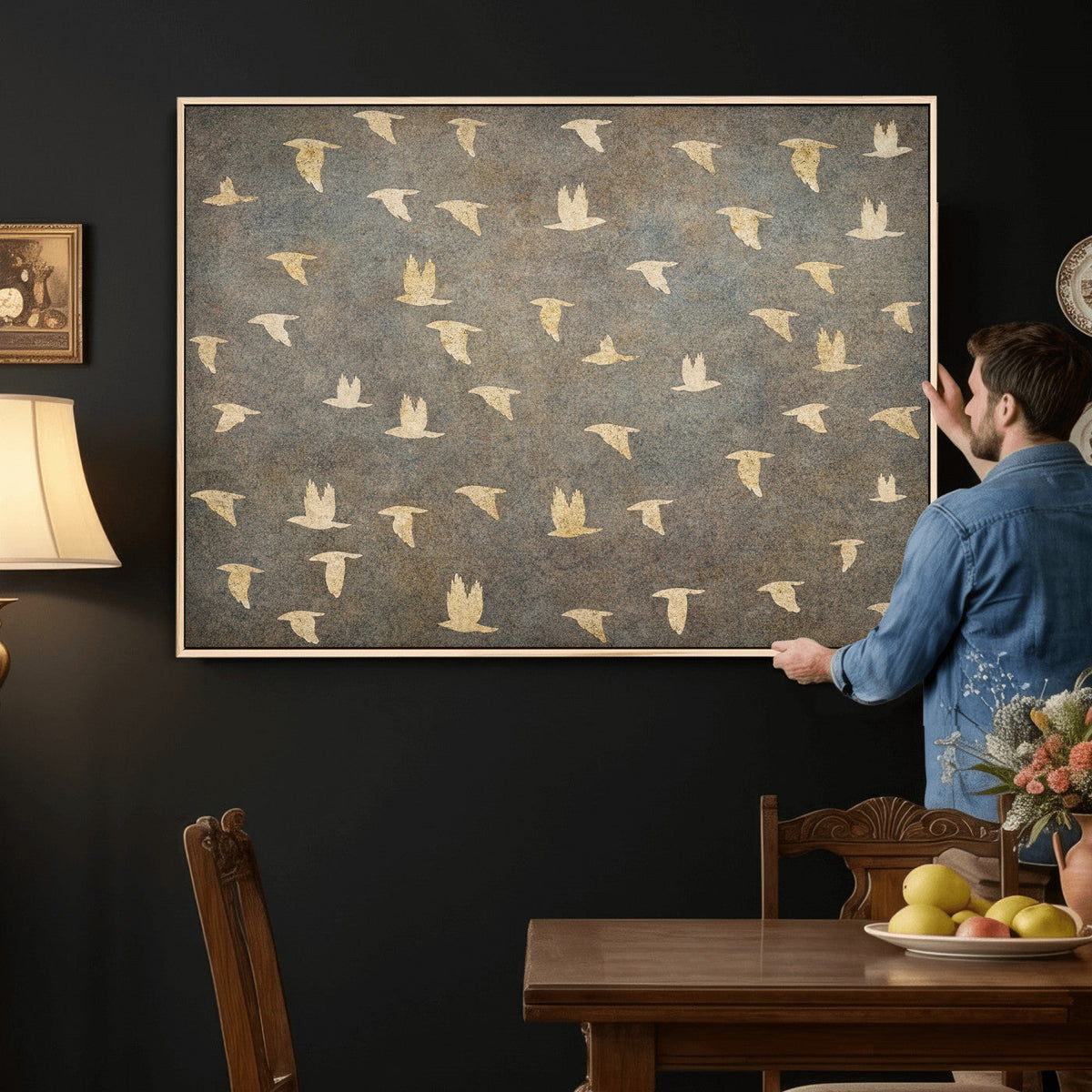 Flying Birds Canvas Wall Art, Vintage Bird Flock Pattern