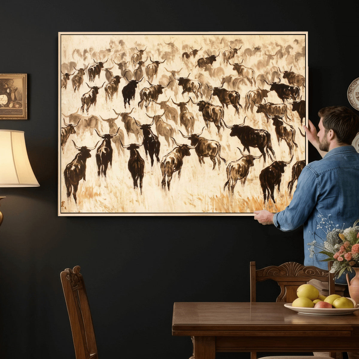 Texas Longhorn Sepia Canvas Wall Art, Western Cattle