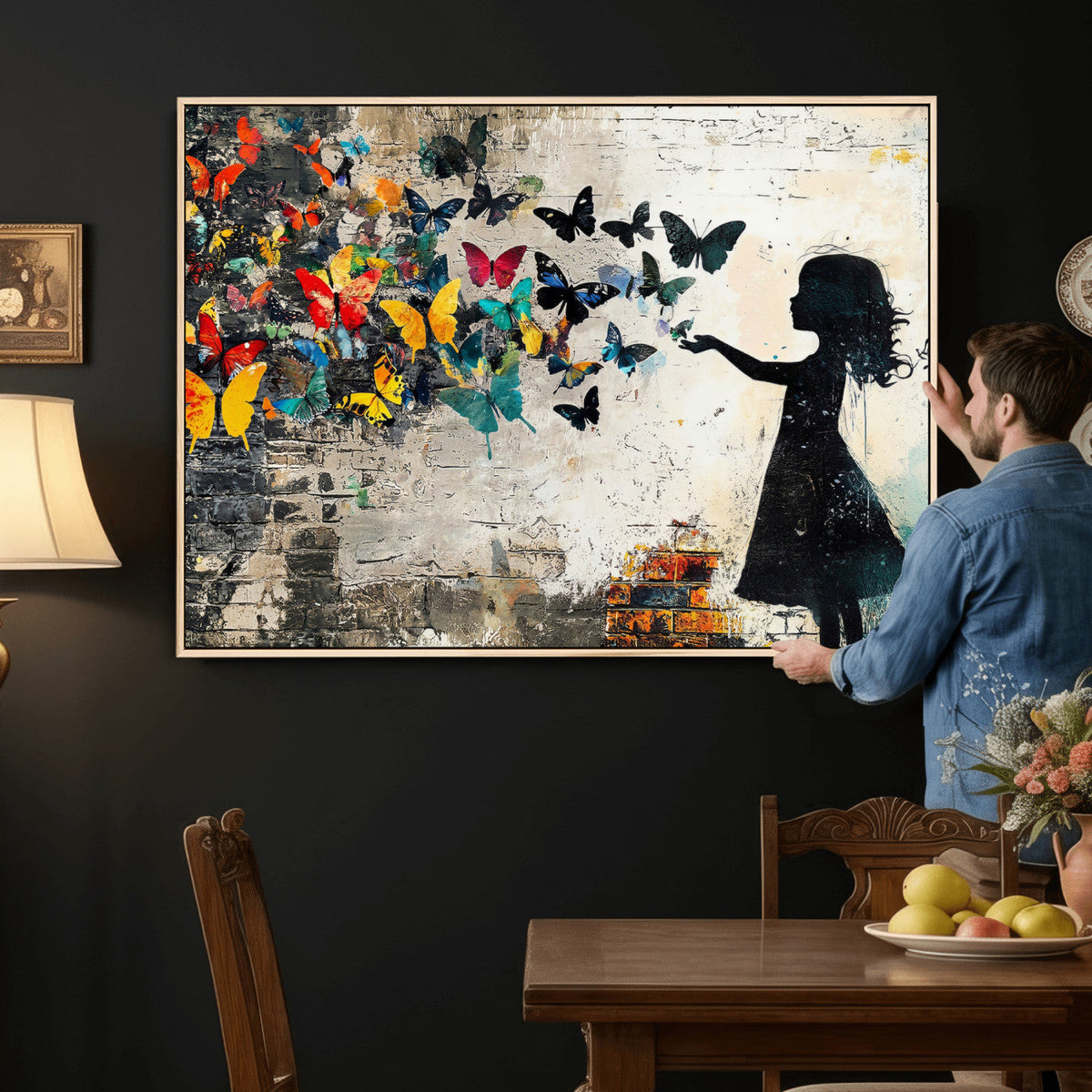 Banksy Butterfly Girl Wall Art Canvas Print, Framed Street