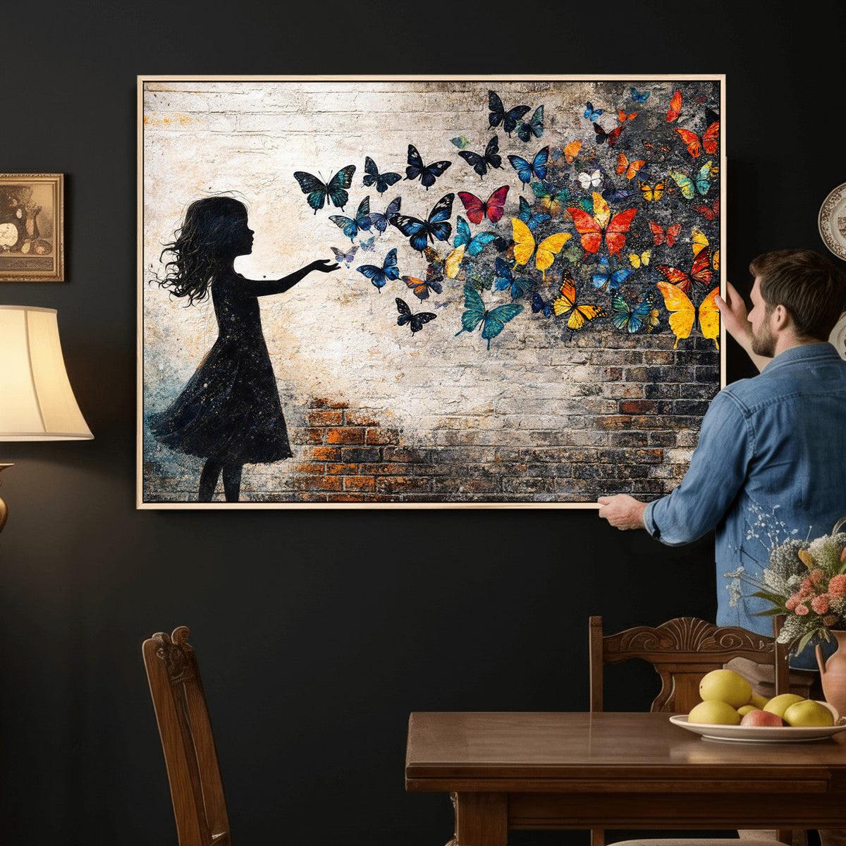 Banksy Butterfly Girl Wall Art Canvas Print, Framed Street