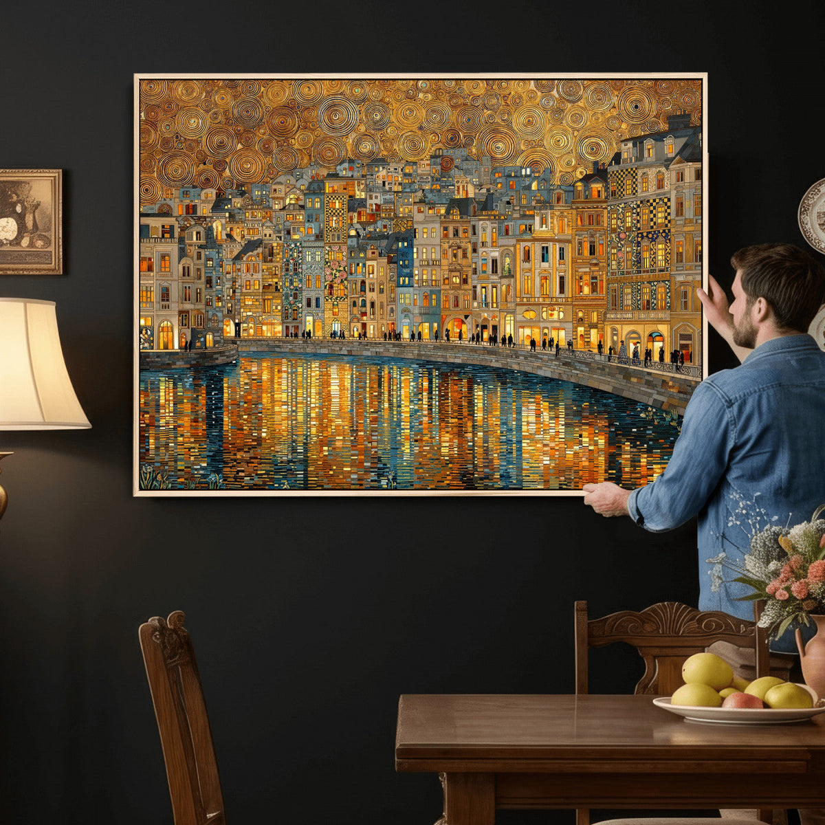 Gustav Klimt Golden Cityscape Wall Art Canvas Print, Framed