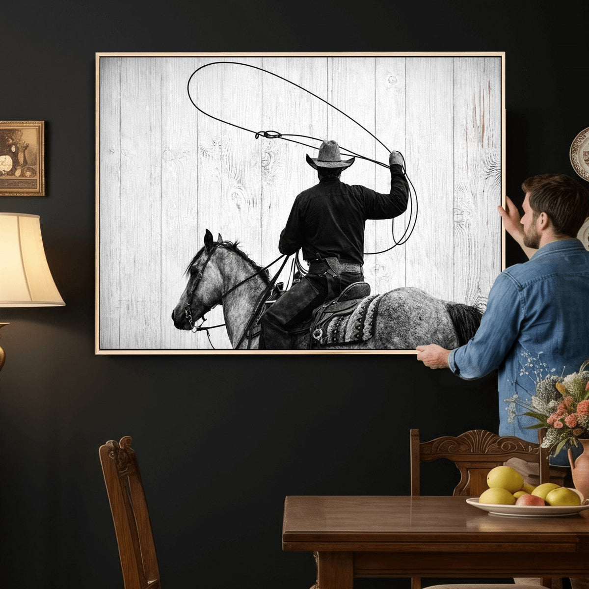 Cowboy Lasso Canvas Wall Art, Black White Western Horse