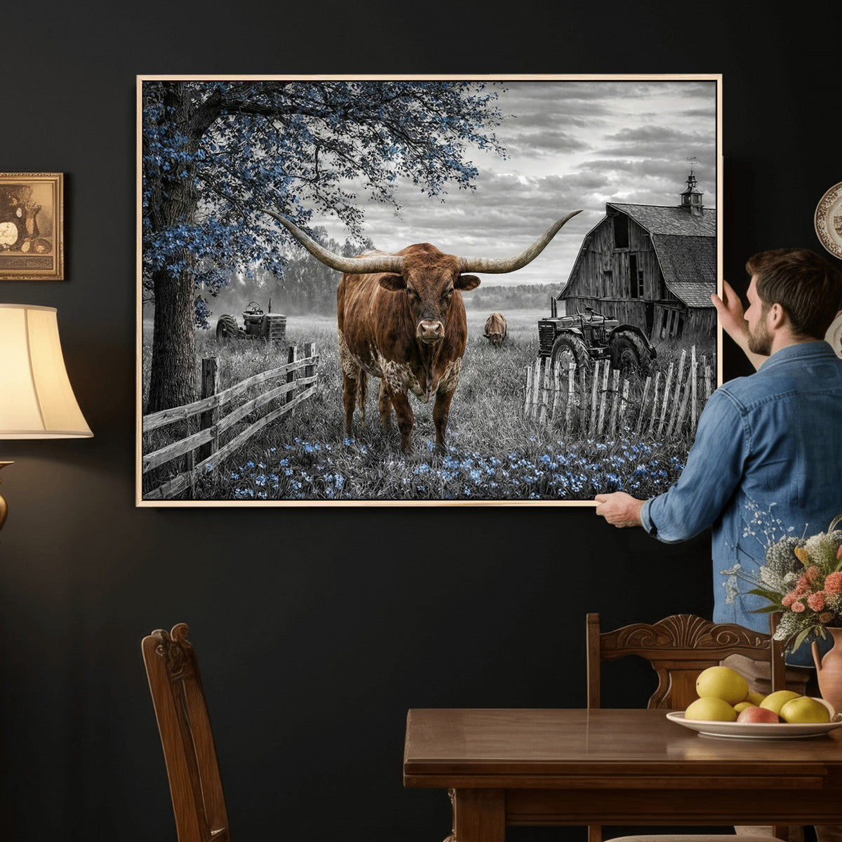 Texas Longhorn Canvas Wall Art, Rustic Farm Barn Bluebonnet