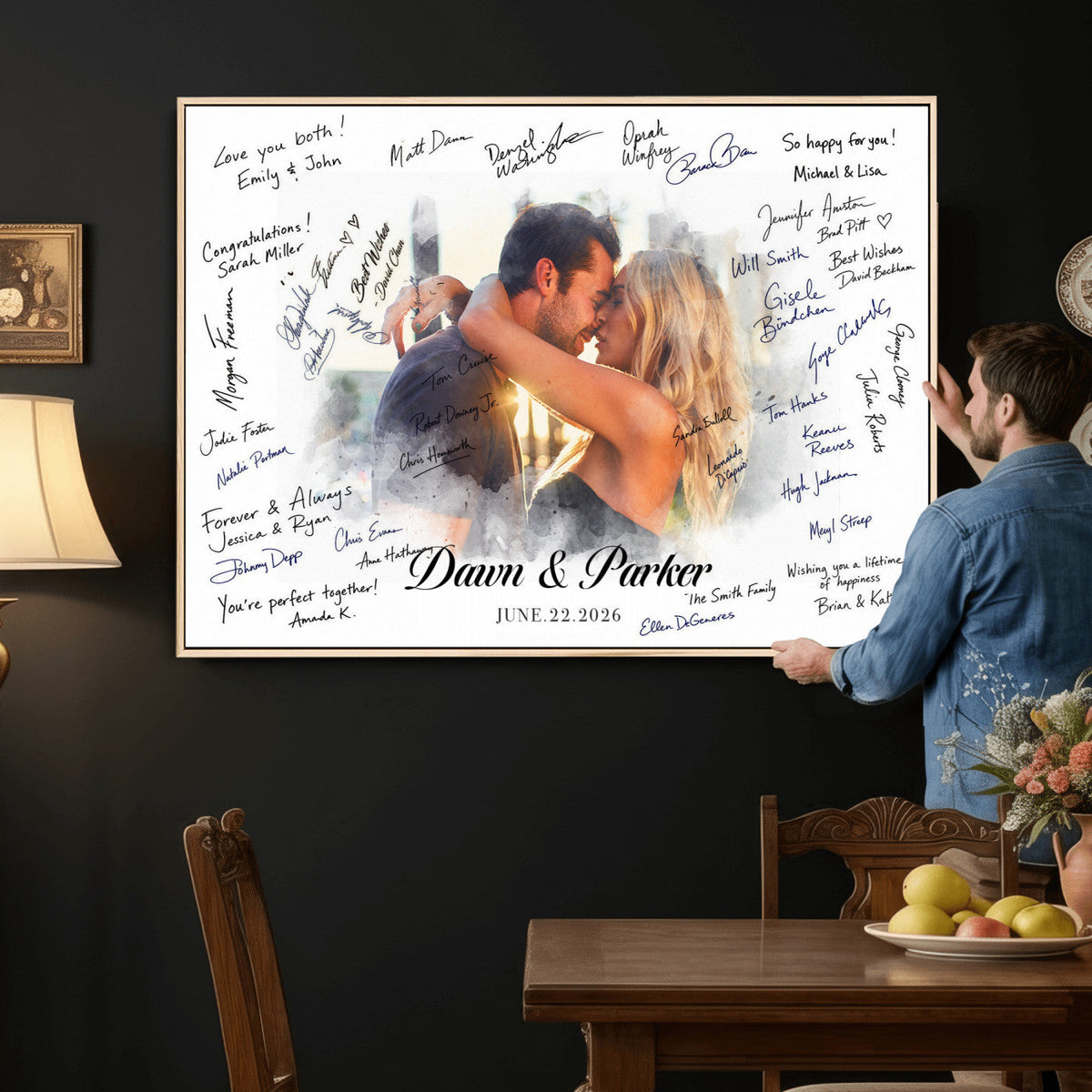 Wedding Guest Book Alternative Wall Art Canvas Print, Personalized Wedding Signature Poster, Custom Couple Photo Guestbook Canvas, Bridal Shower Reception Decor