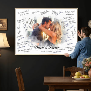 Wedding Guest Book Alternative Wall Art Canvas Print, Personalized Wedding Signature Poster, Custom Couple Photo Guestbook Canvas, Bridal Shower Reception Decor