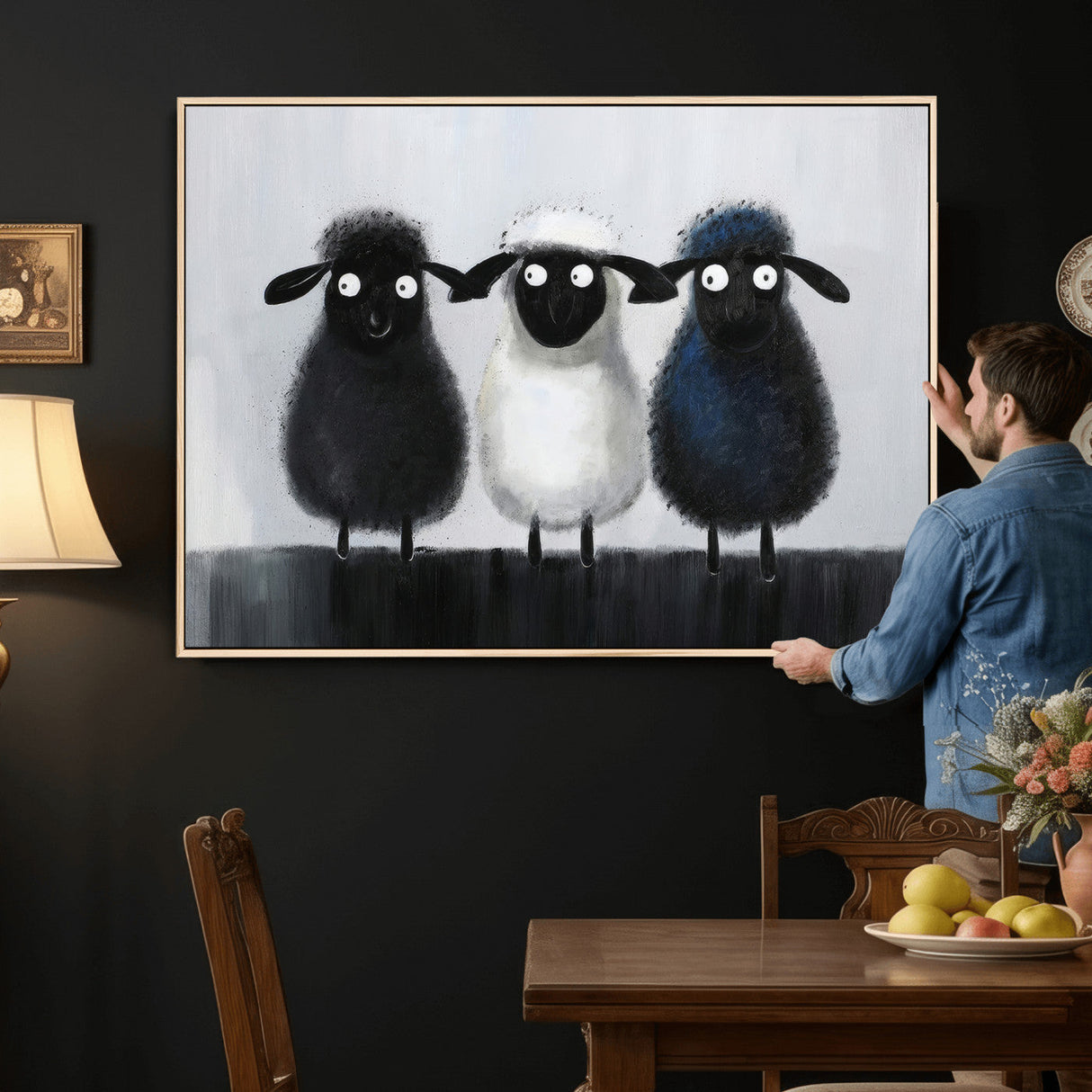 Funny Sheep Canvas Wall Art, Three Quirky Sheep Painting Print, Cute Animal Nursery Decor, Black White Navy Farmhouse Art, Kids Room Gift