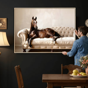 Funny Horse on Sofa Canvas Wall Art, Quirky Horse Lounging Photo Print, Whimsical Animal Decor, Living Room Conversation Art, Horse Lover Gift