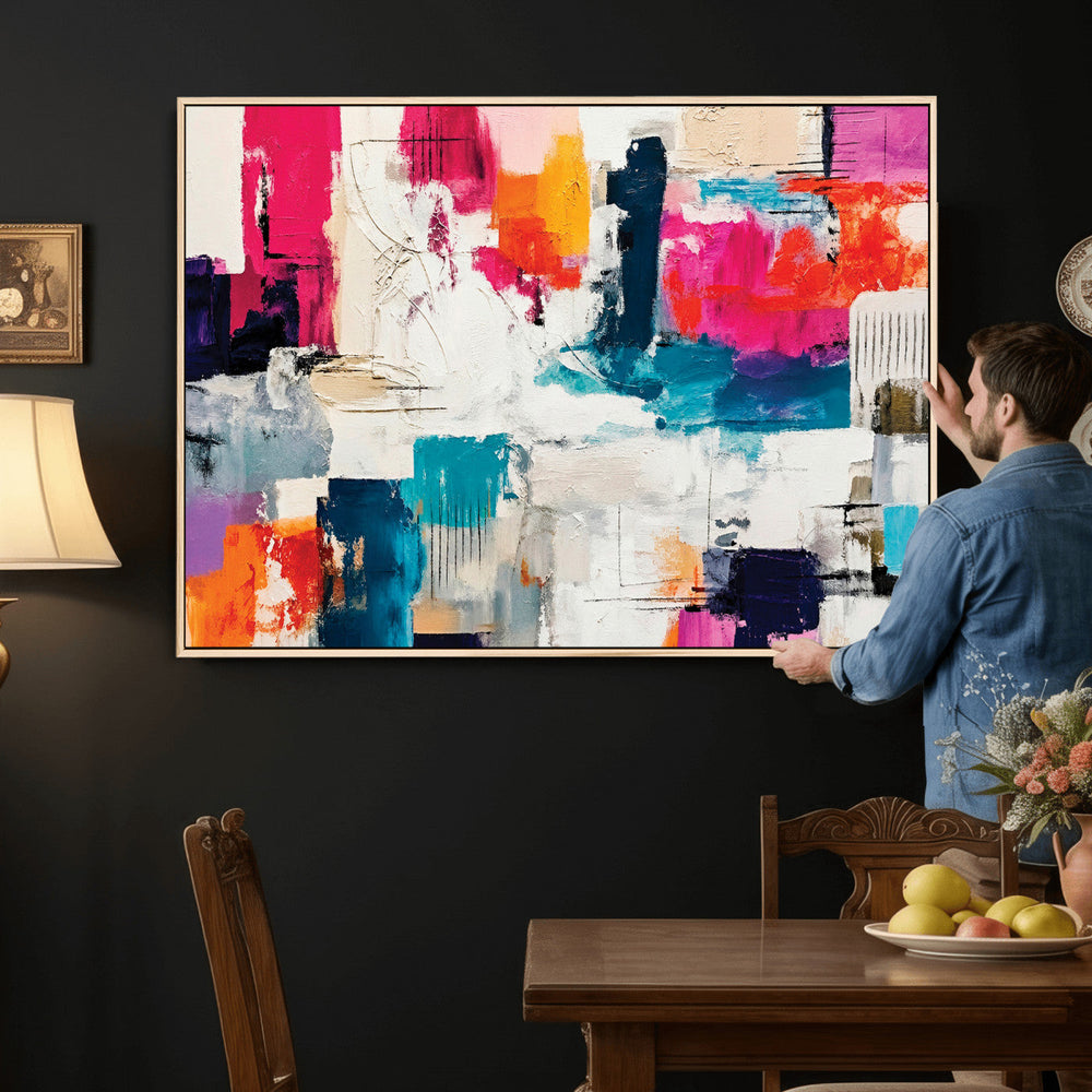 Blue Teal Abstract Canvas Wall Art, Modern Textured Painting Print, Navy Orange White Contemporary Art, Neutral Living Room Decor, Office Art