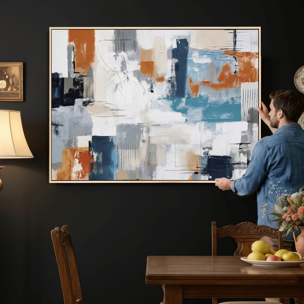 Blue Teal Abstract Canvas Wall Art, Modern Textured Painting Print, Navy Orange White Contemporary Art, Neutral Living Room Decor, Office Art