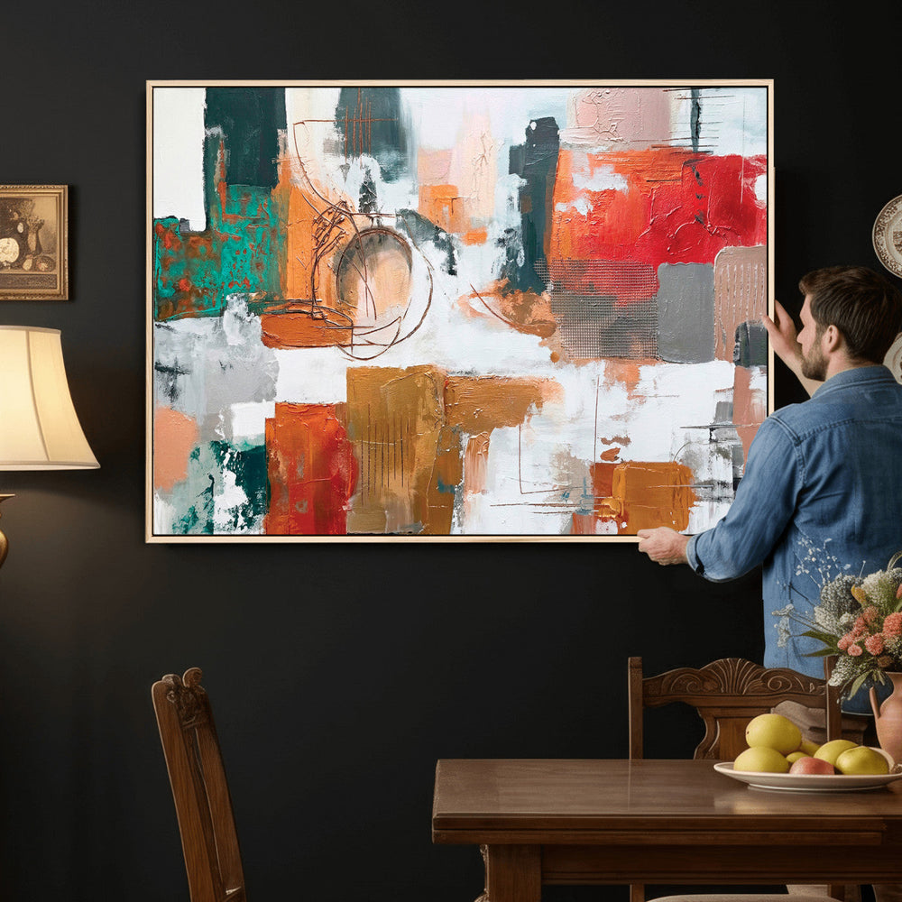 Blue Teal Abstract Canvas Wall Art, Modern Textured Painting Print, Navy Orange White Contemporary Art, Neutral Living Room Decor, Office Art