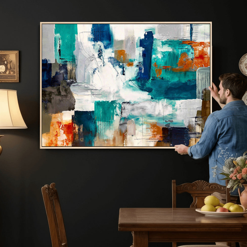 Blue Teal Abstract Canvas Wall Art, Modern Textured Painting Print, Navy Orange White Contemporary Art, Neutral Living Room Decor, Office Art