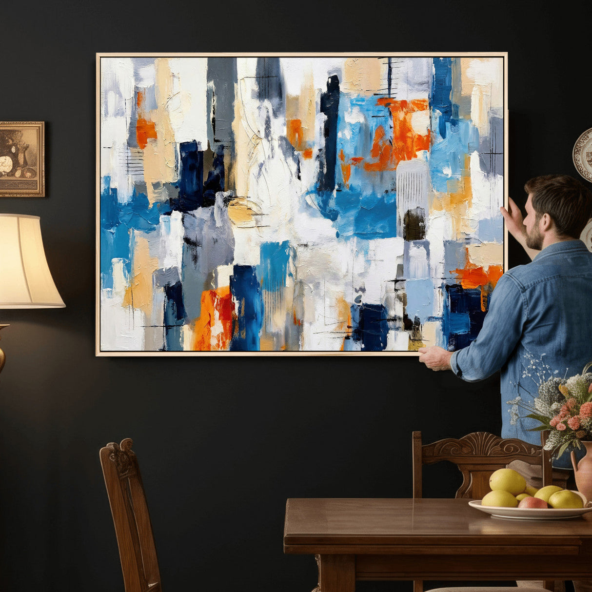 Blue Teal Abstract Canvas Wall Art, Modern Textured Painting Print, Navy Orange White Contemporary Art, Neutral Living Room Decor, Office Art
