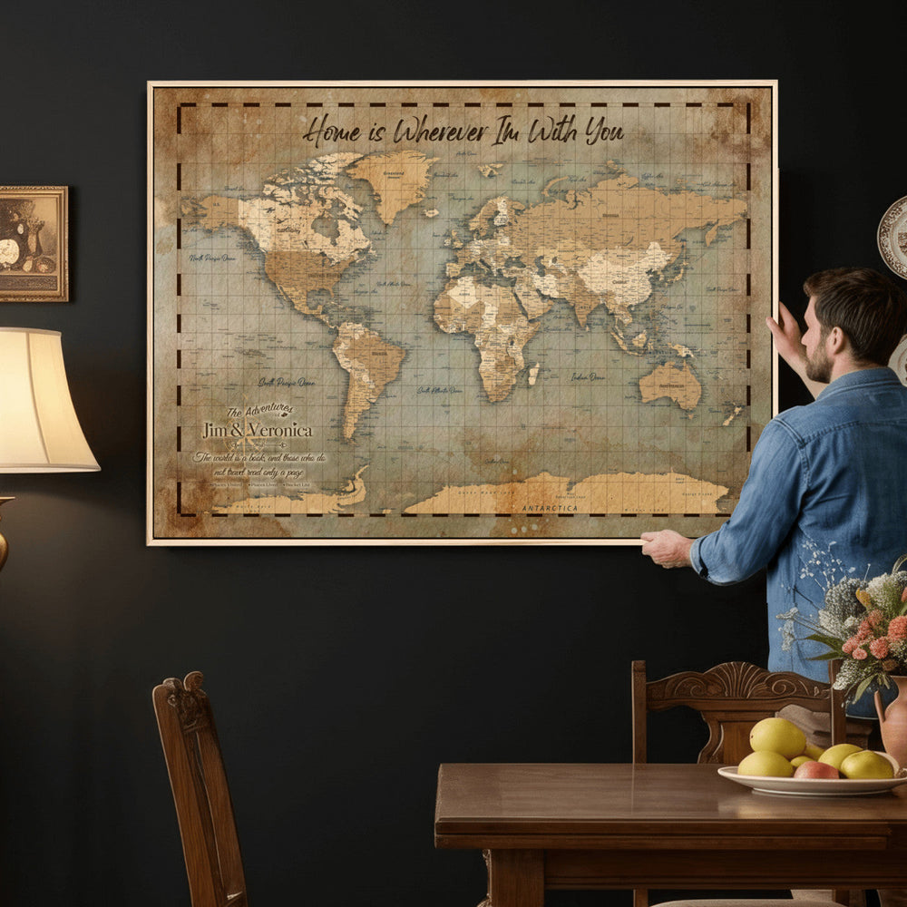 Vintage Personalized Push Pin World Map, Vintage Travel Map Canvas, Custom Names Anniversary Gift, Places Visited Pin Board, Couples Adventure Art