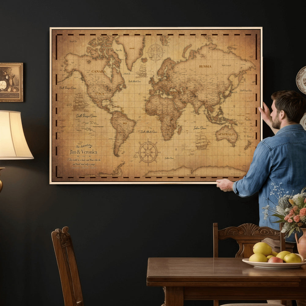 Personalized Push Pin World Map, Vintage Travel Map Canvas, Custom Names Anniversary Gift, Places Visited Pin Board, Couples Adventure Art