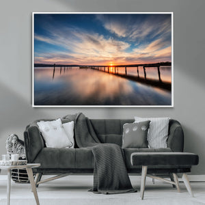 Wooden Pier on Seascape and Sunset Wall Art Canvas Print