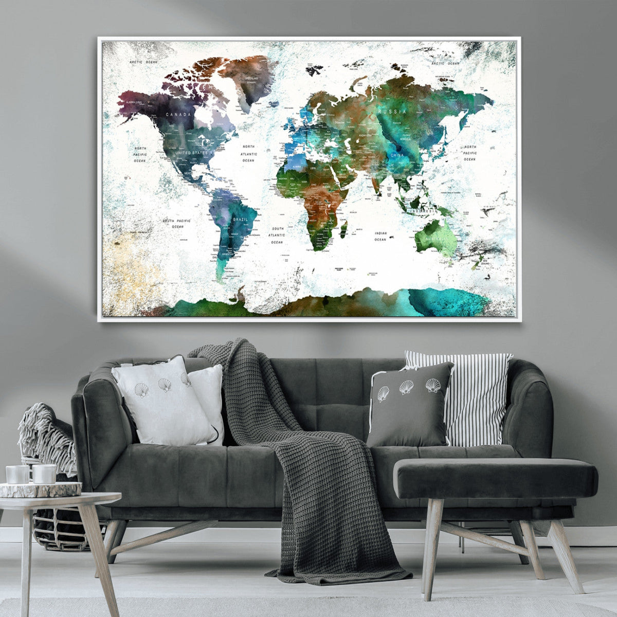 Modern Watercolor World Map Canvas Wall Art – Framed