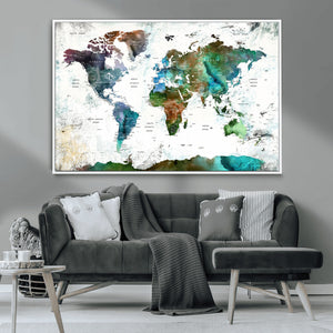 Modern Watercolor World Map Canvas Wall Art – Framed