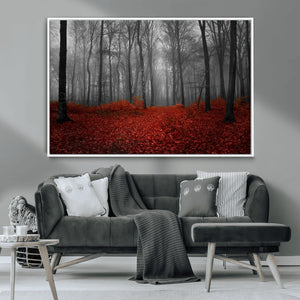 Red Forest Floor Canvas Wall Art – Mystical Foggy Woodland