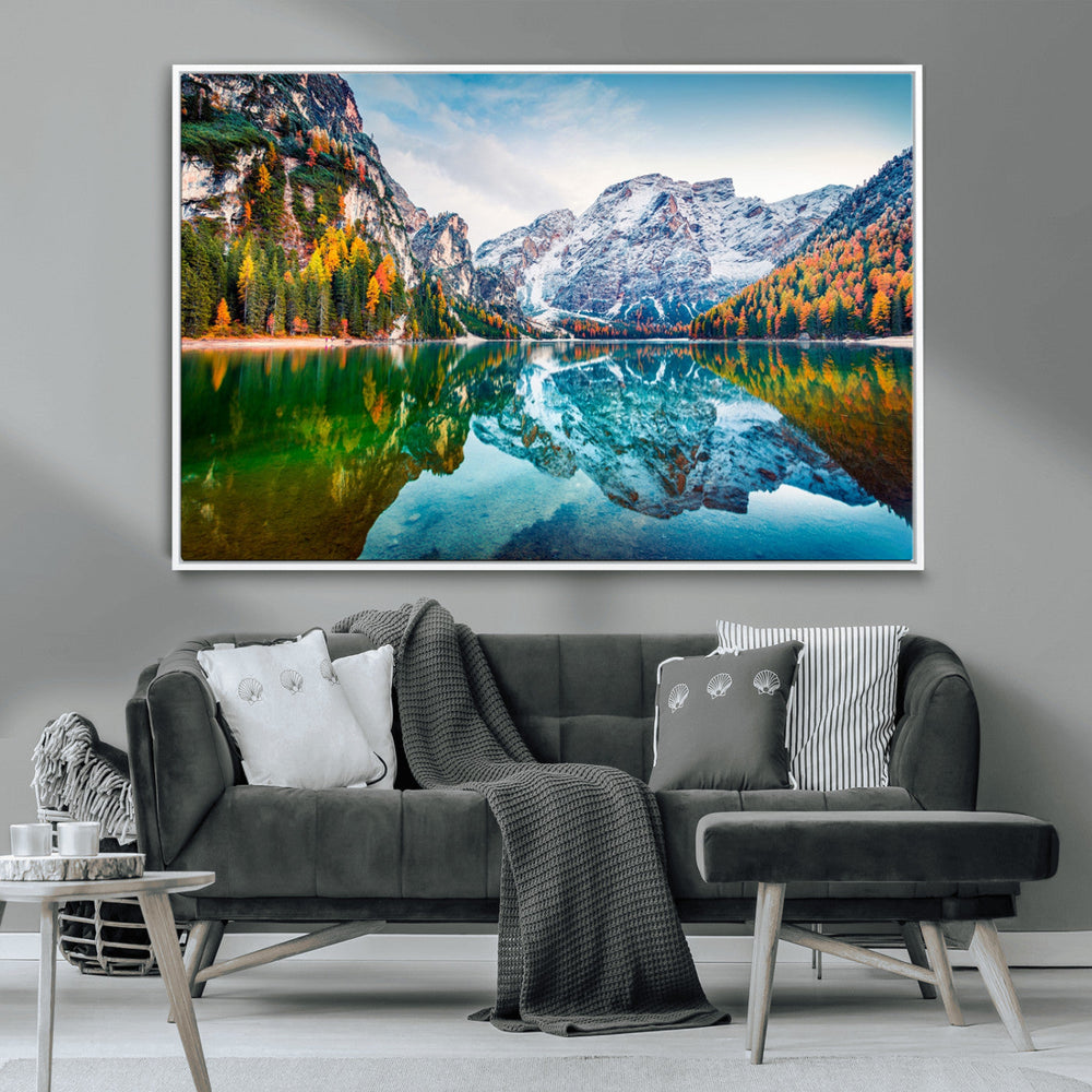 Spectacular autumn view of Braies Lake Wall Art Canvas Print