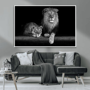 Large Black and White Lion Couple Wall Art Canvas Print –