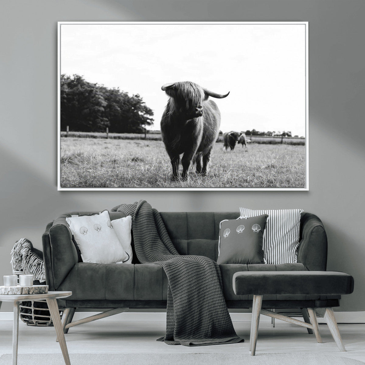 Black and White Highland Cow Wall Art Canvas Print | Rustic