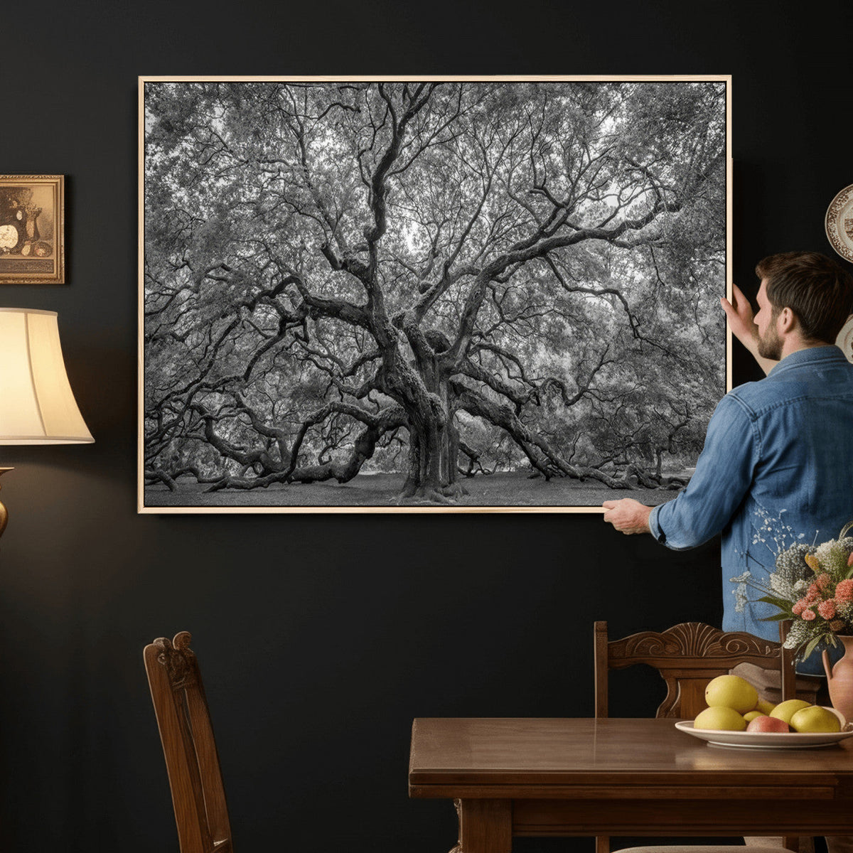 Majestic Angel Oak Tree Black and White Canvas Print – Multi