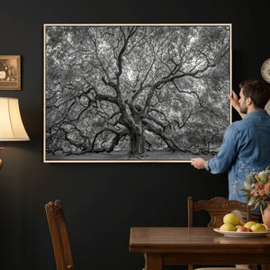Majestic Angel Oak Tree Black and White Canvas Print – Multi