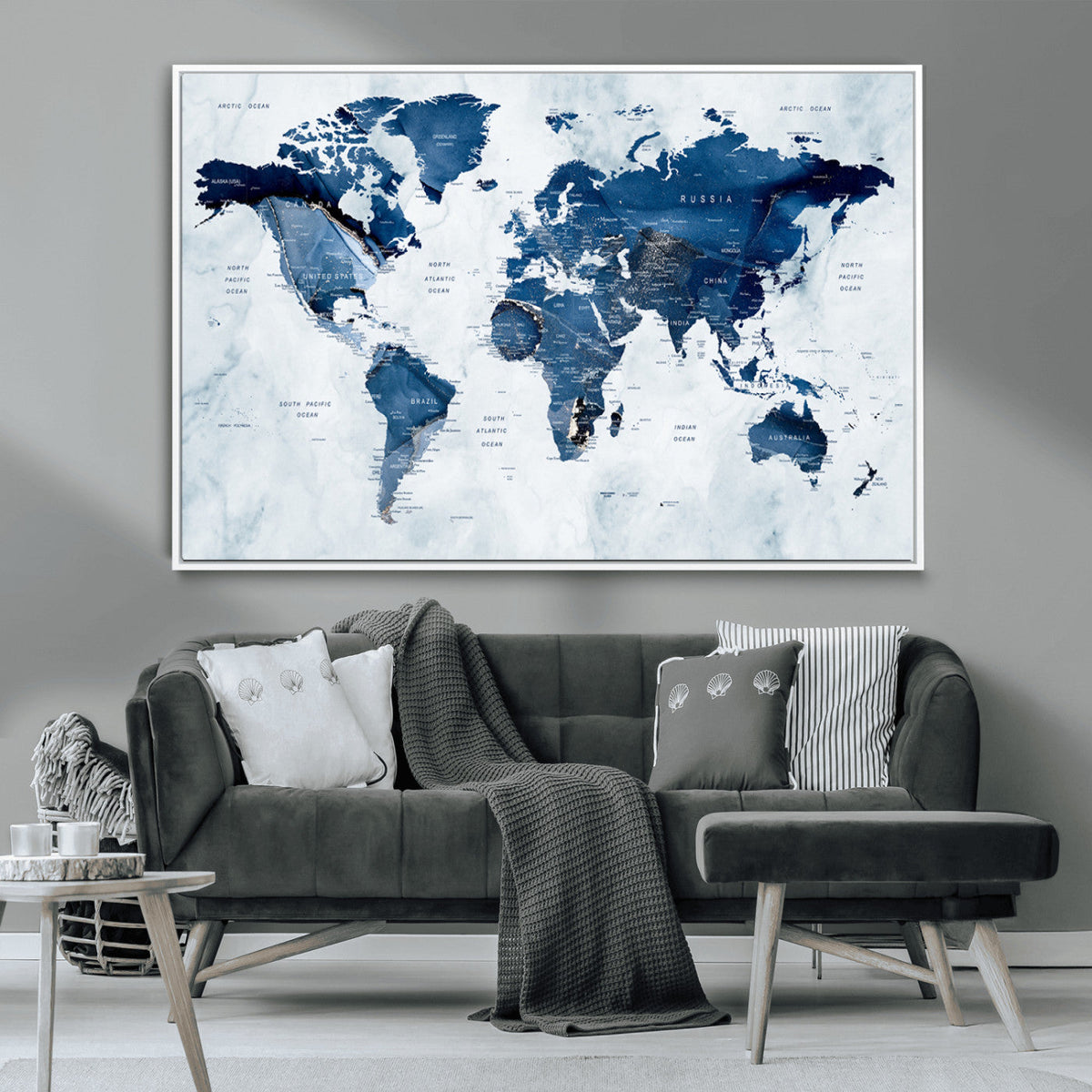 Modern Blue World Map Canvas Print – Framed Wall Art,