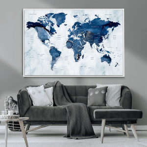 Modern Blue World Map Canvas Print – Framed Wall Art,