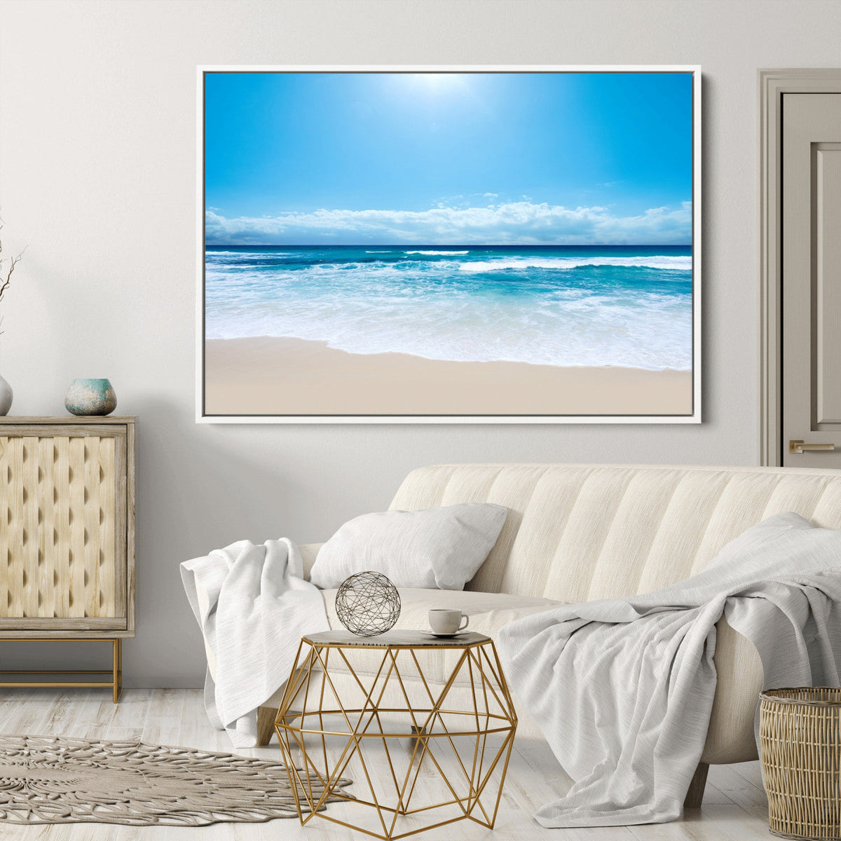 Wall Art Canvas Print Shiny Blue Sea and Beach