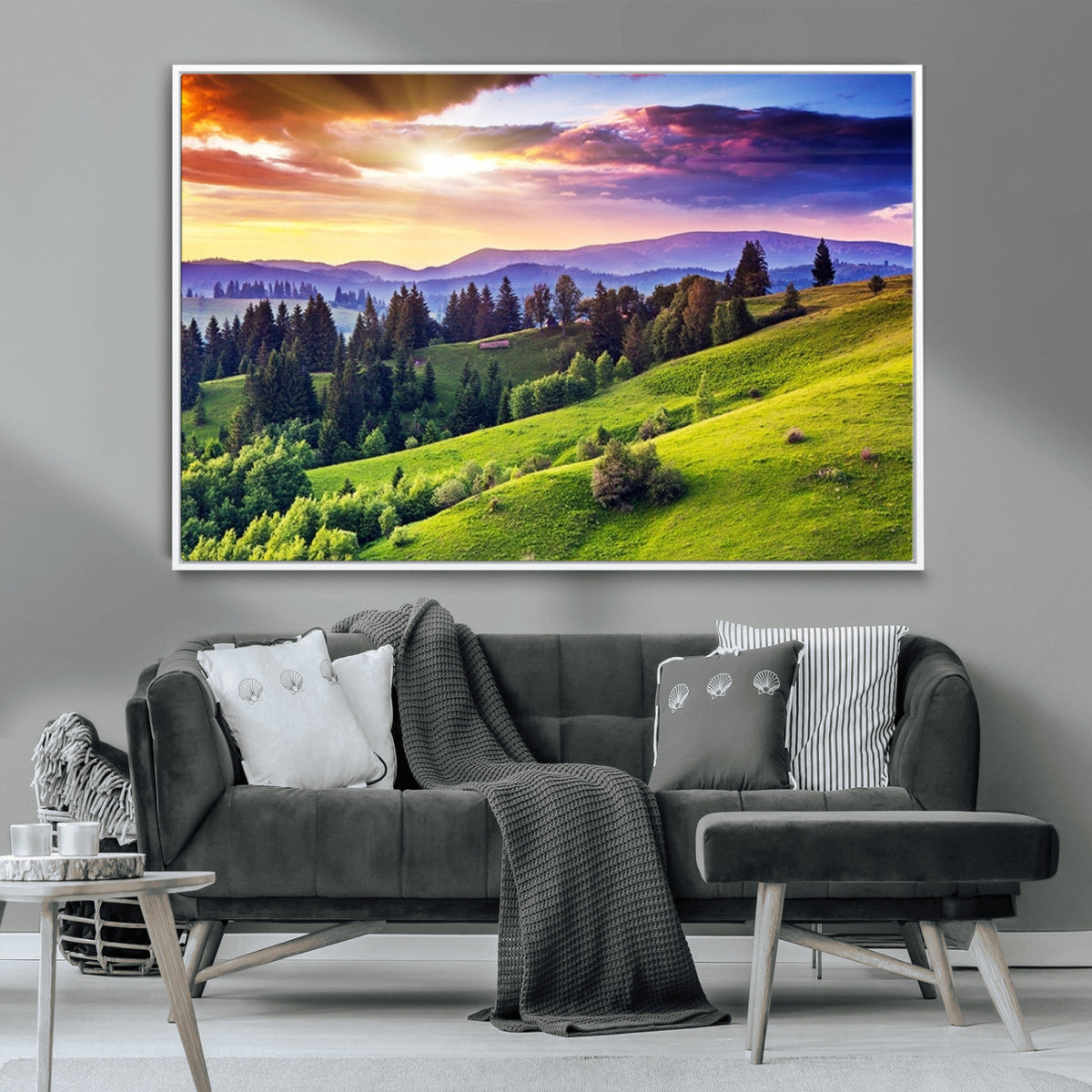 Green Hills and Sunset Wall Art Print - Scenic Landscape