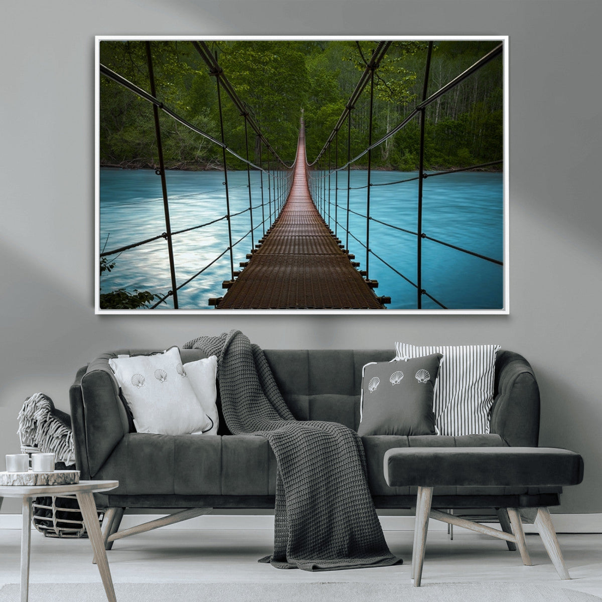 Suspension Bridge Over River Canvas Art | 3-Panel Nature