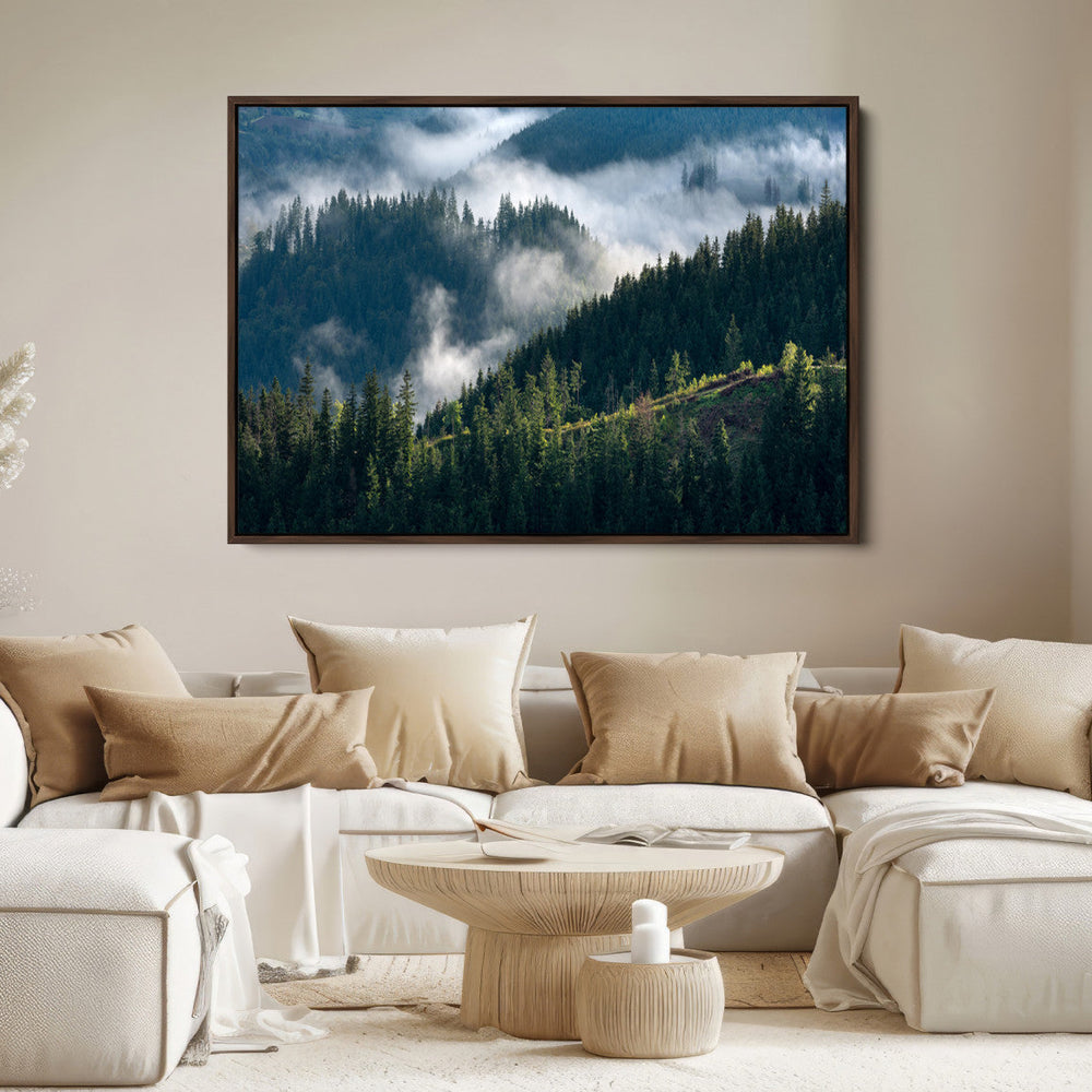 Misty Forest Wall Art Canvas Print – Pine Hills Foggy Trees