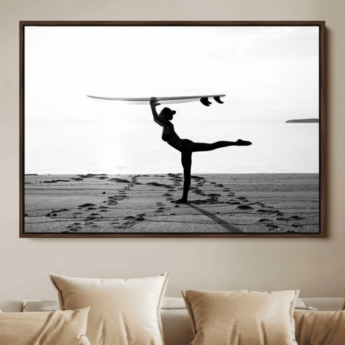 Yoga Surf Wall Art Canvas Print – Framed Black White Shore