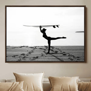Yoga Surf Wall Art Canvas Print – Framed Black White Shore