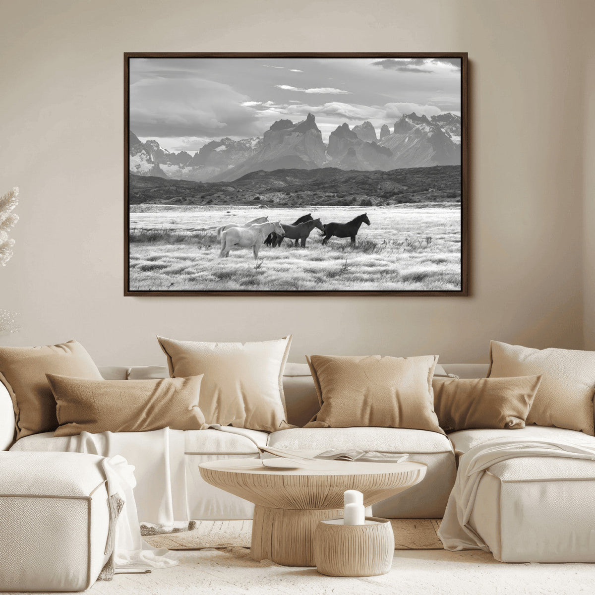 Wild Horses Wall Art Canvas Print – Framed Black and White