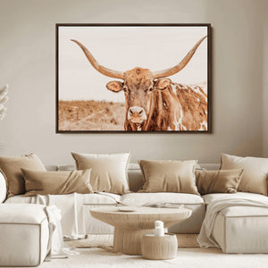 Texas Longhorn Wall Art Canvas Print – Framed Sepia Cow Art