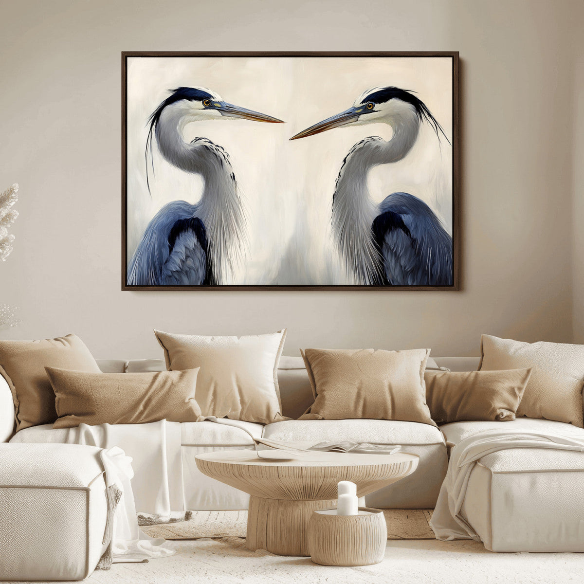 Blue Heron Pair Wall Art Canvas Print, Framed Coastal Bird