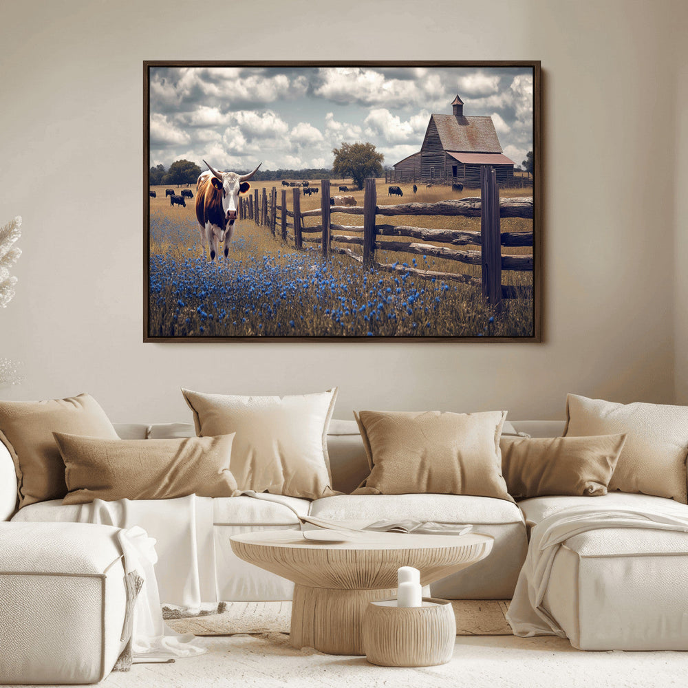 Texas Longhorn Canvas Wall Art Print – Framed Rustic Barn