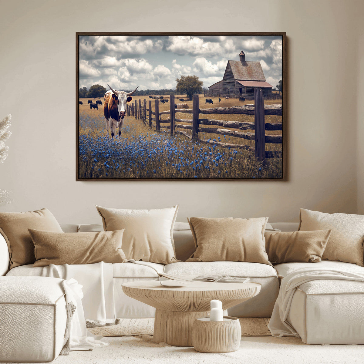 Texas Longhorn Canvas Wall Art Print – Framed Rustic Barn