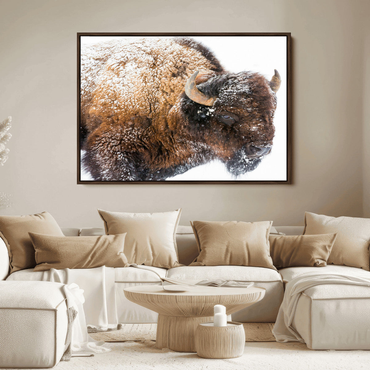Snowy Buffalo Wall Art Canvas Print – Framed Rustic Lodge